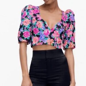 Zara NWT Floral Cropped Short Puff Sleeve Blouse Size XS